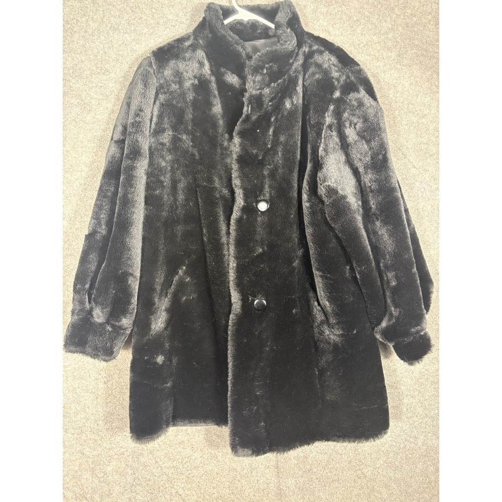 Marvin Richards J Percy Black Faux Fur Coat Stand Collar Button Front Mid Length